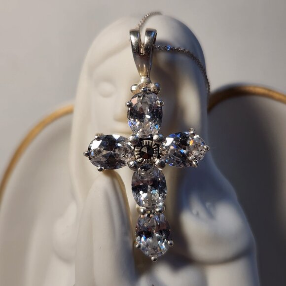 Vintage 80's 925 Cross White Zircon / CZ  with 925 Italy Chain 16.5" - Picture 5 of 11